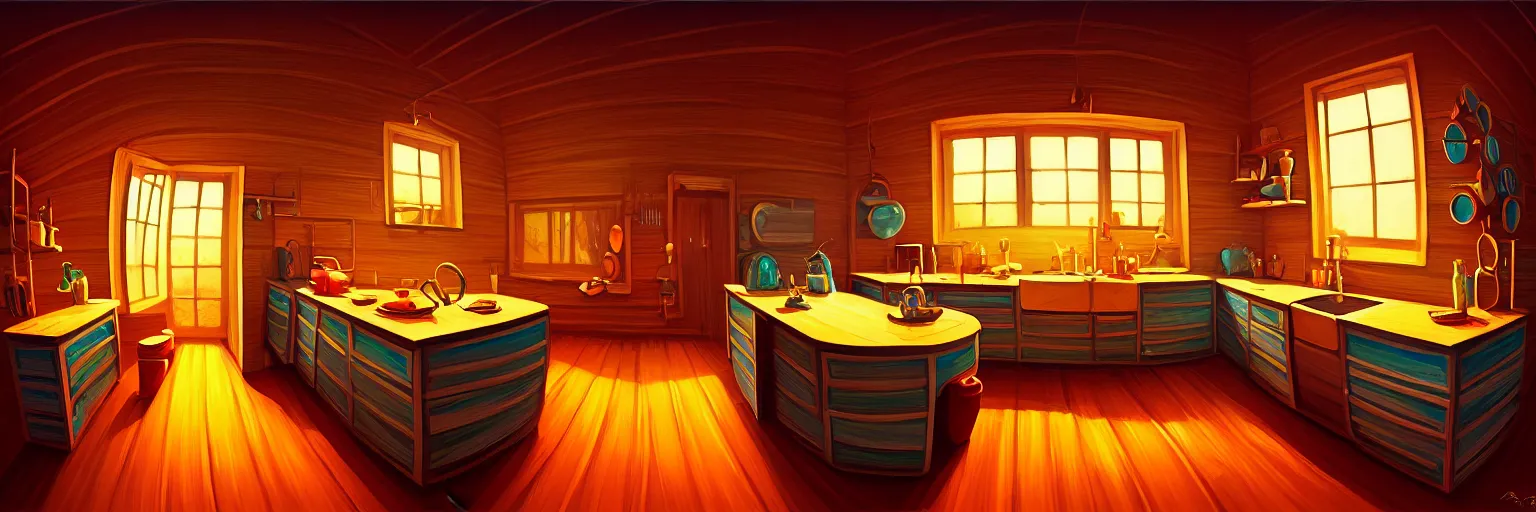 Prompt: fisheye spiral lines, naive, extra narrow, detailed illustration of a nightly kitchen, large floor, dimly lit by rhads, trending artstation, wood texture