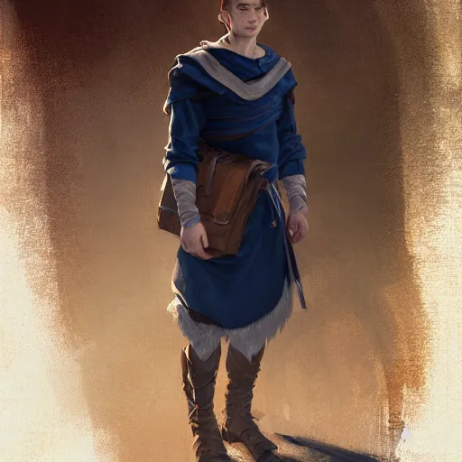 Image similar to 8k a young curious handsome male wood elf scholarly adventurer wearing a navy blue student's tunic carrying a satchel of arcane supplies, by Raymond Swanland Greg Rutkowski Lise Deharm, intricate, masterpiece, sharp, digital art, ArtStation, CGStation, 4k