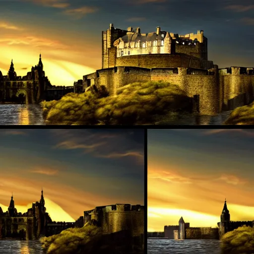 Prompt: underwater, fish swimming around Edinburgh Castle, sunset, concept art in style of Greg Rutkowki, dynamic lighting, 4k, very highly detailed