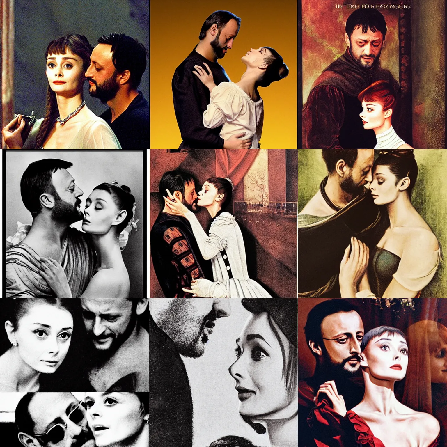 Prompt: In the 15th century Romeo (Jean Reno) and Juliet (Audrey Hepburn), are looking at each other romantically. tragic, ((restrained)), lumnious, stage lights, 18th theater poster by Frank Dicksee