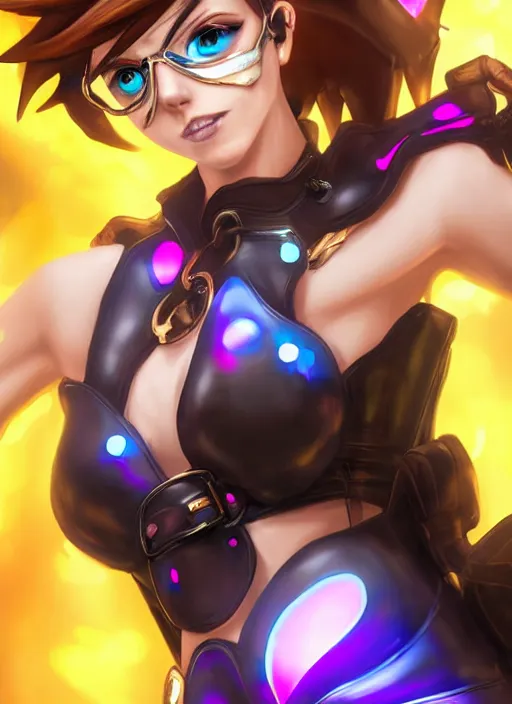 Image similar to portrait bust digital artwork of tracer overwatch, wearing black iridescent rainbow latex tank top, 4 k, expressive happy smug expression, makeup, in style of mark arian, angel wings, wearing detailed black leather collar, chains, black leather harness, detailed face and eyes,