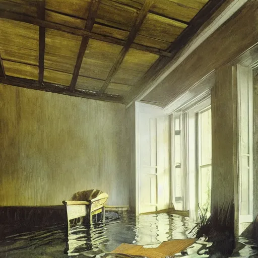 Prompt: painting of a flooded house interior, by Andrew Wyeth