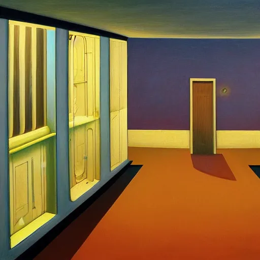 Prompt: sci - fi space ship rounded corridor, grant wood, pj crook, edward hopper, oil on canvas