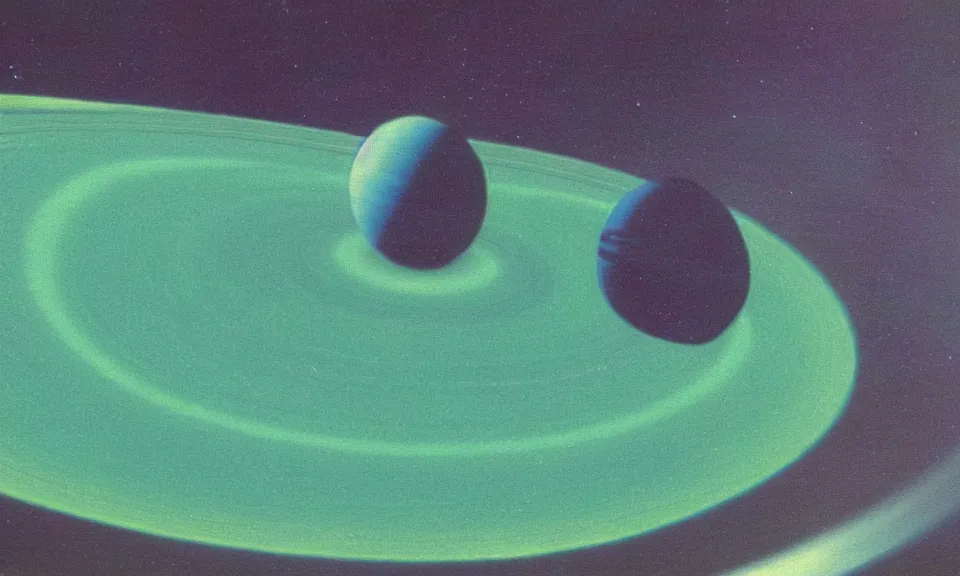 Image similar to 3 5 mm film still 7 0 s vivid color jade green concept art saturn in space