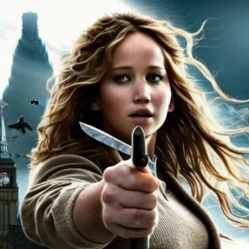 Prompt: jennifer lawrence as hermione granger with a wand in her hand before in combat