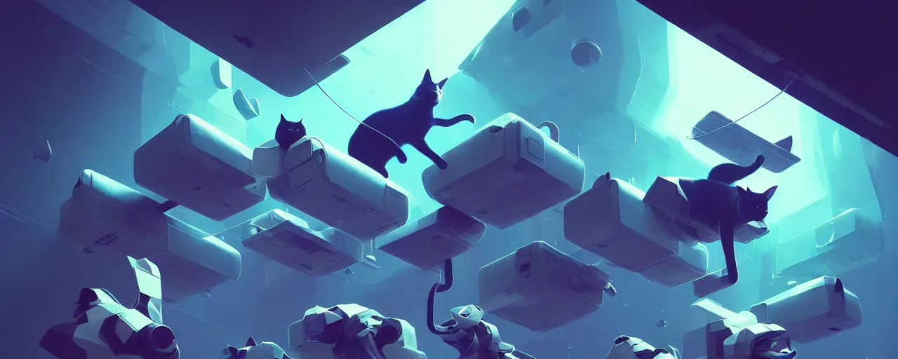 Image similar to duotone noir scifi concept illustration of lowpoly cats inside box floating zero gravity glowing 3 d mesh portals futuristic, glowing eyes, octane render, surreal atmosphere, volumetric lighting. accidental renaissance. by sachin teng and sergey kolesov and ruan jia and heng z. graffiti art, scifi, fantasy, hyper detailed. trending on artstation