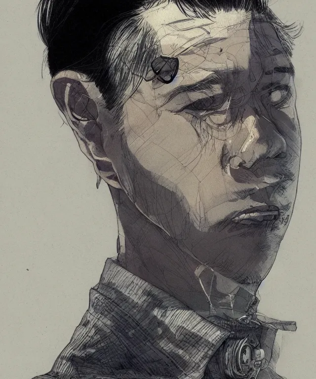 Prompt: a portrait of handsome a young japanese, a realistic illustration by otomo katsuhiro, jon foster and terada katsuya, a master - piece of craftsmanship, trending on artstation