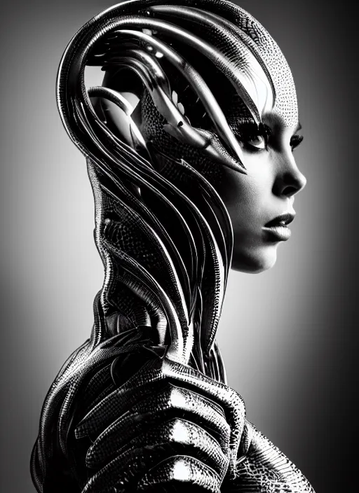 Prompt: a profile portrait, a stunning young woman - cyborg with a mutant shark head, editorial photography, bw, by roman sustov, by hr giger, shot on 7 0 mm, depth of field, f / 2. 8, high contrast, 1 6 k, volumetric lighting, shiny, insanely detailed and intricate, hypermaximalist, elegant, ornate