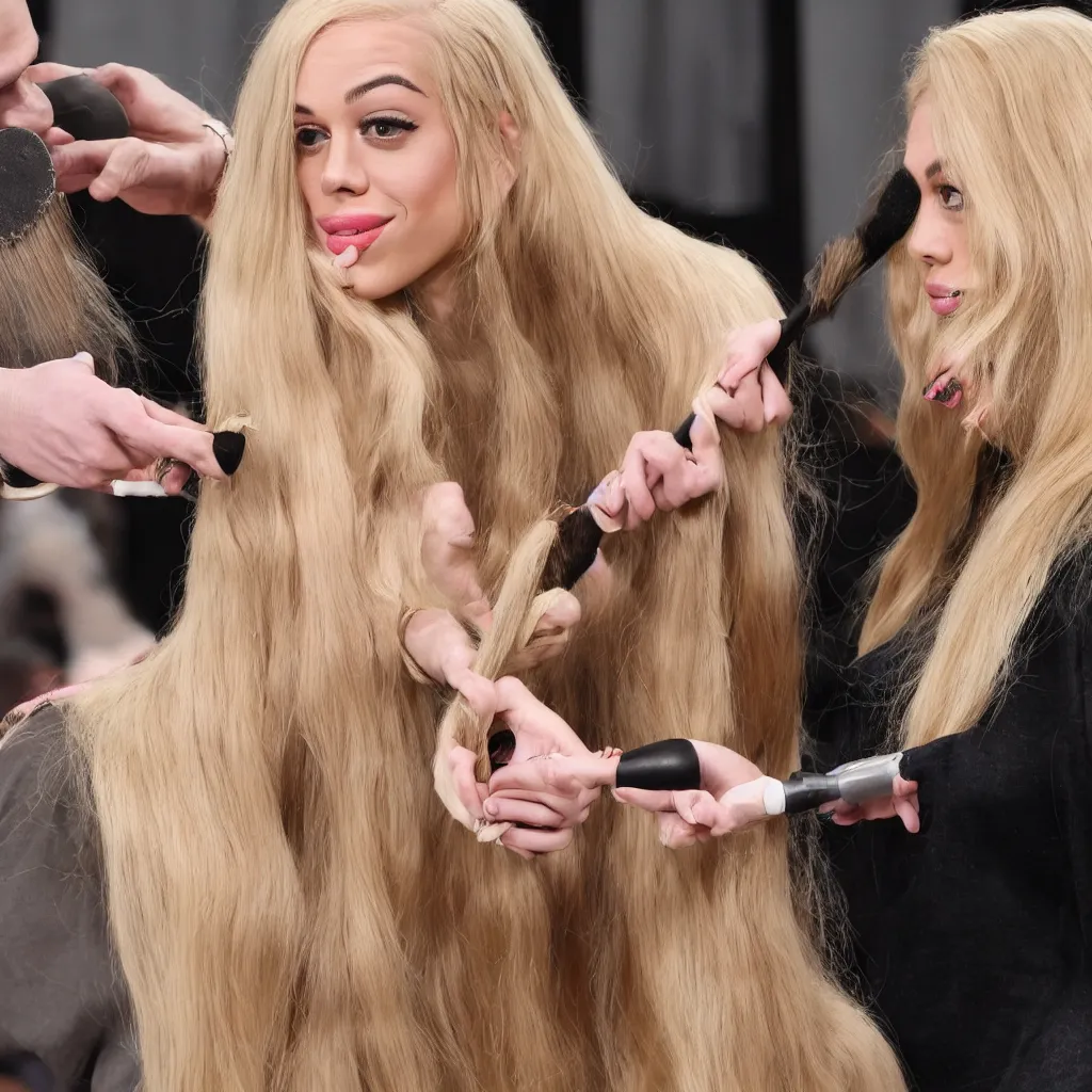 Image similar to pete davidson brushing jessica's long blond hair with a huge hairbrush, comically large hairbrush, ultra - realistic photograph