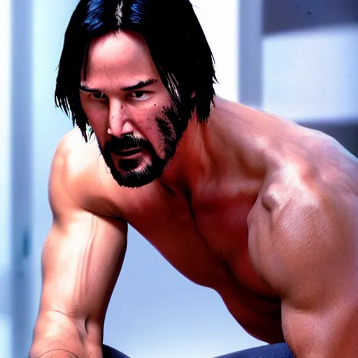 Prompt: muscular keanu reeves, highly detailed, high quality, hd, 4 k, 8 k, canon 3 0 0 mm, professional photographer, 4 0 mp, lifelike, top - rated, award winning, realistic, sharp, no blur, edited, corrected, trending