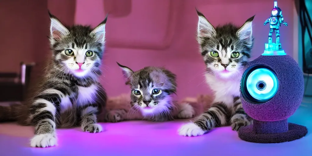Prompt: a d rendered movie still a cute robotic kitten with rgb ambient lighting implants. the robot maine coon kitten. in the background is a cyberpunk cat tree with rgb dramatic lighting. science fiction blockbuster movie from the future, imax 7 0 mm. style of mandalorian ( american space western television series )