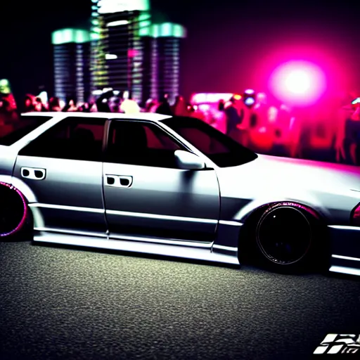 Image similar to a car JZX100 twin turbo drift at illegal car meet, Shibuya prefecture, city midnight mist lights, cinematic lighting, photorealistic, highly detailed wheels, high detail