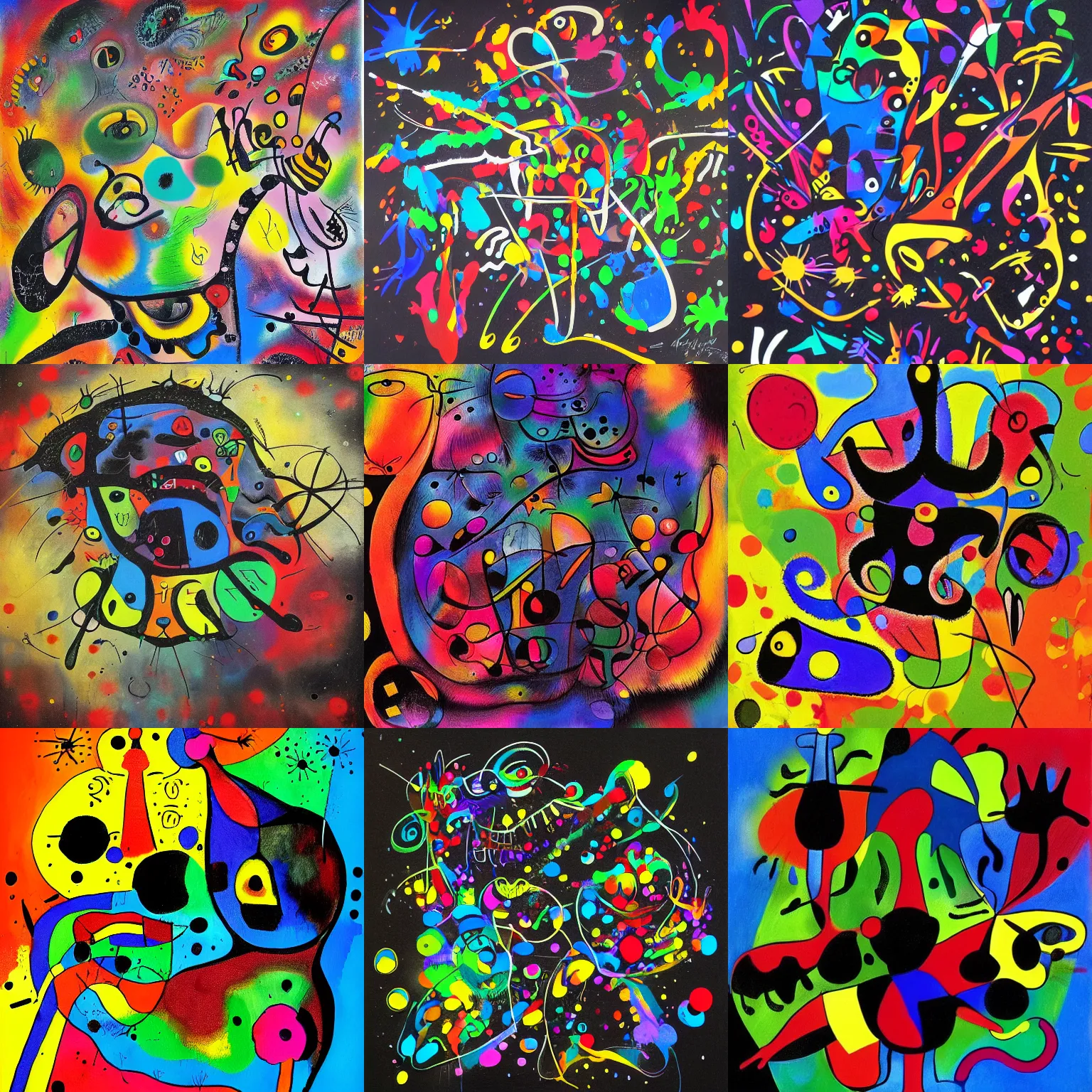 Image similar to masterpiece, black background, psychedelic therapy, artwork by joan miro, trending on ArtStation, ink splatters, pen lines, incredible detail, creative, positive energy, happy, unique, negative space, face, artgerm