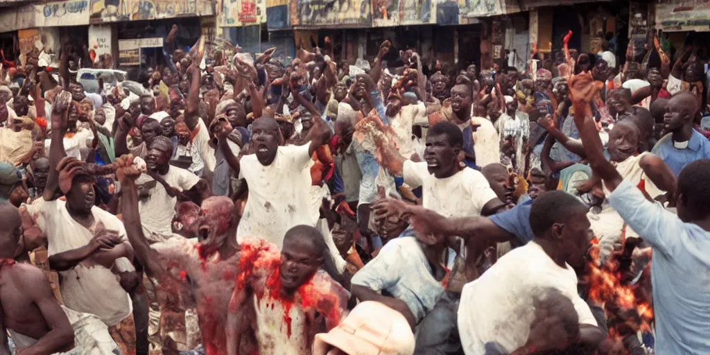 Prompt: crowd in african town performing mob justice on a photorealistic squidward, mangled blood and bone, cinestill 8 0 0 t