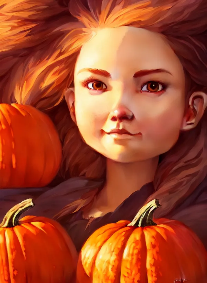 Image similar to hand drawn cute one gnomes face in autumn and pumpkin, detailed closeup face, concept art, low angle, high detail, warm lighting, volumetric, godrays, vivid, beautiful, trending on artstation, art by artgerm and greg rutkowski and alphonse mucha