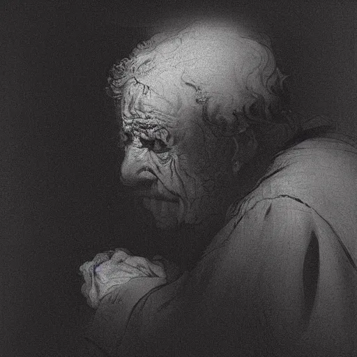 Prompt: a portrait study of a crying old man, by rembrandt, rembrandt lighting, rim light, dramatic and moody, expressive