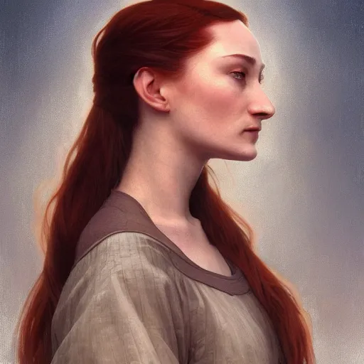 Image similar to portrait of an angry sansa stark telling people to stop making ai paintings of her, intricate, elegant, highly detailed, digital painting, artstation, concept art, smooth, sharp focus, illustration, art by artgerm and greg rutkowski and alphonse mucha and william - adolphe bouguereau