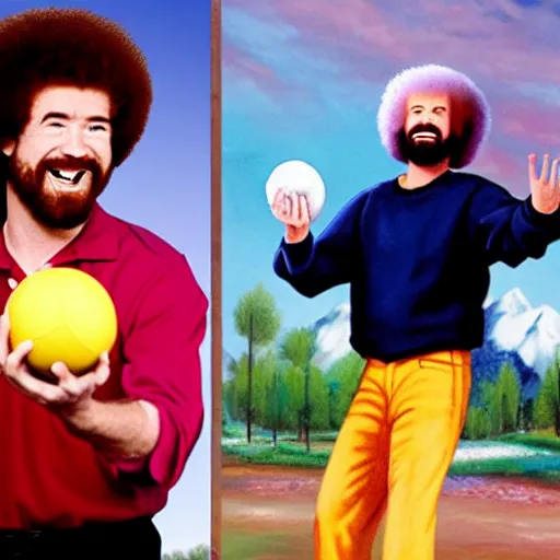 Image similar to screaming bob ross throwing a ball to jessie pinkman