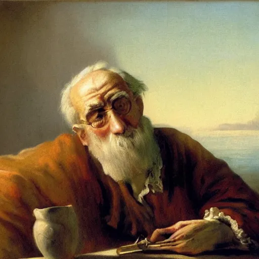 Image similar to a matte oil painting, baroque, wistful old man stares at an empty page, longing desparate expression,