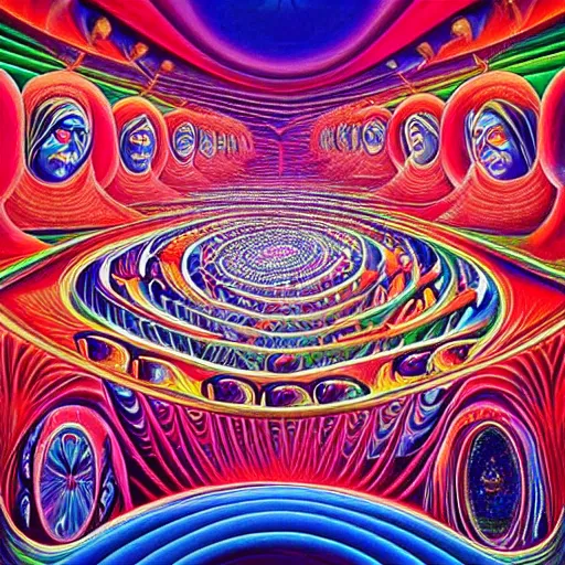 Prompt: beautiful painting of the inside of a dmt cathedral filled with magical energy and infinite rooms by mad dog jones and alex grey