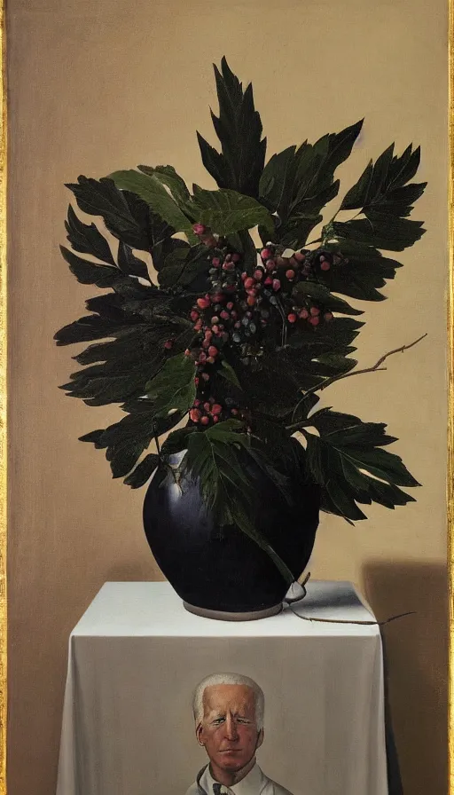 Prompt: hyperrealistic still life painting of Joe Biden by Caravaggio, botanical print