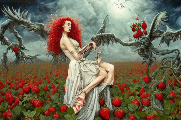 Image similar to strawberry fields forever. painting by gerald brom and and greg rutkowski