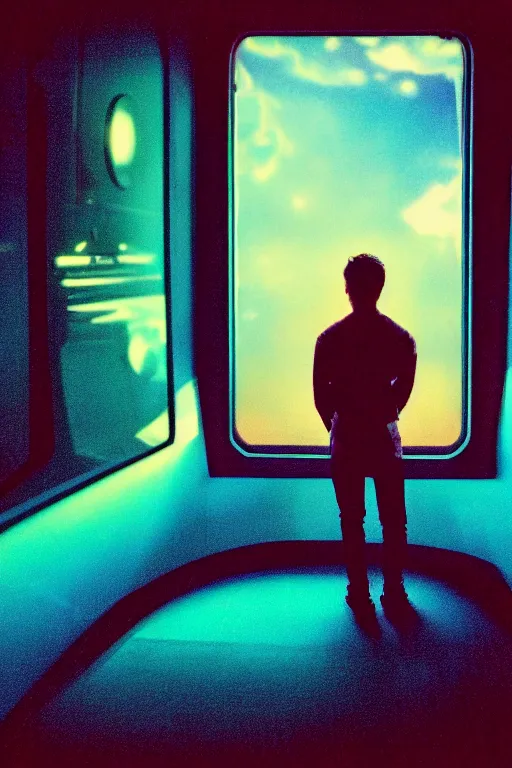 Prompt: agfa vista 4 0 0 photograph of a guy in a spaceship looking out a window into space, back view, synth vibe, vaporwave colors, lens flare, moody lighting, moody vibe, telephoto, 9 0 s vibe, blurry background, grain, tranquil, calm, faded!,