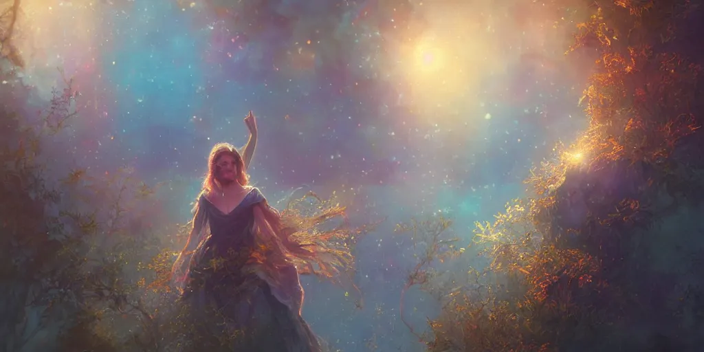 Prompt: the great beyond sharp focus, intricate, elegant, digital painting, artstation, matte, highly detailed, concept art, illustration, volumetric lighting, gold and blue and pink color scheme, bokeh light, art by greg olsen and liz lemon swindle