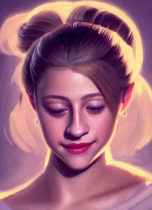 Image similar to portrait of lili reinhart, smiling kindly, bangs, 1 9 6 0 s, ponytail, bangs and ponytail, intricate, elegant, glowing lights, highly detailed, digital painting, artstation, concept art, smooth, sharp focus, illustration, art by wlop, mars ravelo and greg rutkowski