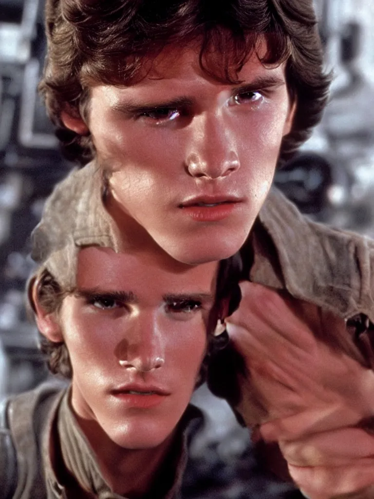 Prompt: Young Matt Dillon as Han Solo in Star Wars, hyperrealism, movie still, science fiction