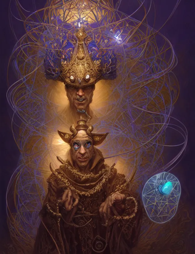 Image similar to front shot of a court jester character, hyperdimensional, bioluminescent hypercubes, ((intricate)), elegant, highly detailed, centered, (((artstation, concept art, smooth, sharp focus, artgerm, Tomasz Alen Kopera, Peter Mohrbacher, donato giancola, Joseph Christian Leyendecker, WLOP, Boris Vallejo))), mugshot!!!!!, ugly!!!!!!, octane render, nvidia raytracing demo, grainy, muted, 8K, digitalblasphemy