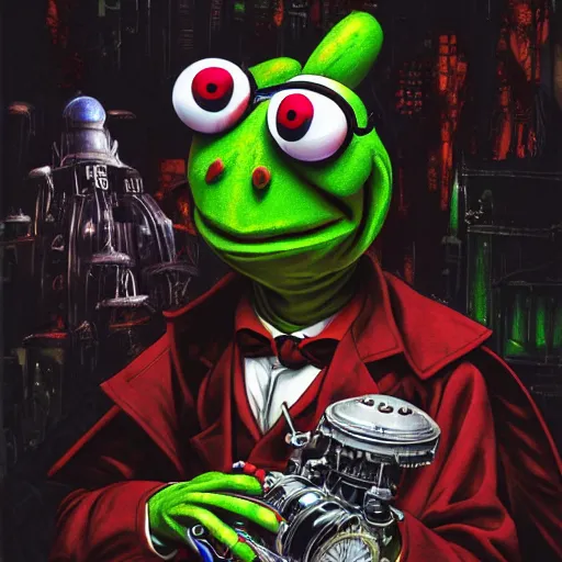 Image similar to High resolution DSLR photograph of Kermit The Frog as a vampire covered in blood Anime Bioshock steampunk realistic shaded lighting by katsuhiro otomo ghost-in-the-shell, magali villeneuve, artgerm, rutkowski Jeremy Lipkin and Giuseppe Dangelico Pino and Michael Garmash and Rob Rey