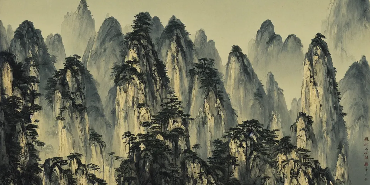 Image similar to the taoist temples of huangshan, landscape painting by peder balke