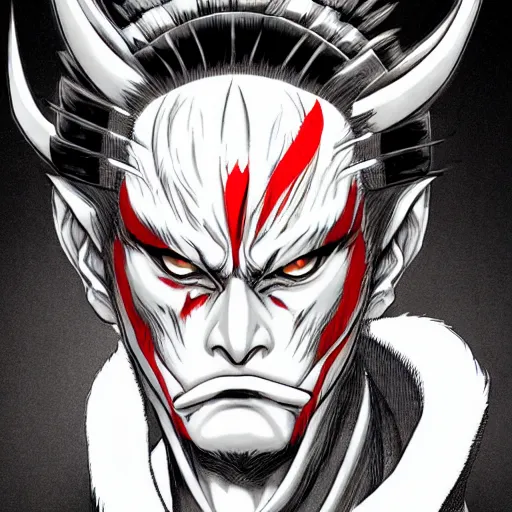 Image similar to demon samurai , short hair, made by Yusuke Murata, Tomohiro Shimoguchi, Takeshi Obata, Masakazu Katsura, ArtStation, CGSociety, half mask, scar in one eye, detailed face, symmetrical face