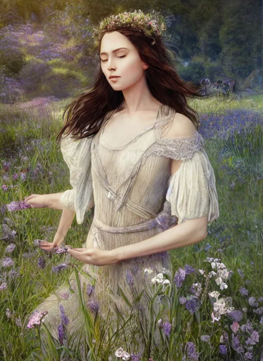 Image similar to portrait of a beautiful women with wings of lace in a lord of the rings scenery landscape, symmetrical body, face by artgerm, river, tall flowers, sunny day, highly detailed, perfect lighting, perfect composition, 4 k, by alan lee, by derek zabrocki, by greg rutkowski