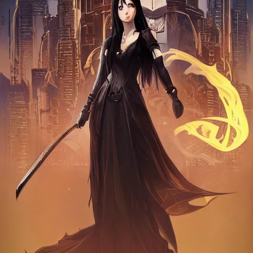 Image similar to portrait of a woman, long black hair, holding sword, in front of a sci fi cityscape, by tetsuya nomura, makoto shinkai, alphonse mucha, detailed, cinematic, wide angle, dark sepia toned shading, luminescent eyes, detailed face, expressive eyes, blue fire everywhere, trending on artstation.