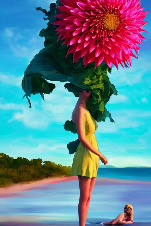 Prompt: closeup giant dahlia flower head, girl laying on beach, surreal photography, blue sky, sunrise, dramatic light, impressionist painting, digital painting, artstation, simon stalenhag