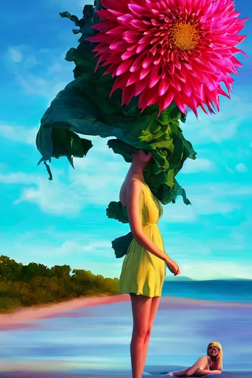 Image similar to closeup giant dahlia flower head, girl laying on beach, surreal photography, blue sky, sunrise, dramatic light, impressionist painting, digital painting, artstation, simon stalenhag