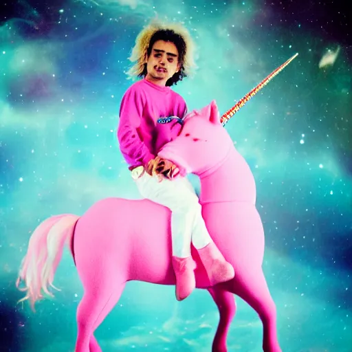 Image similar to lil pump riding a pink unicorn in space, cinestill 8 0 0 t, award winning photograph