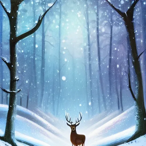 Image similar to a painting of a deer in a snowy forest, a digital painting by petros afshar, featured on deviantart, fantasy art, nightscape, digital illustration, official art