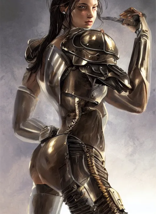 Image similar to a professional photographic portrait of an attractive young girl, partially clothed in battle armor, olive skin, long dark hair, beautiful bone structure, symmetrical facial features, intricate, elegant, digital painting, concept art, smooth, sharp focus, illustration, beautifully framed, from Metal Gear, in the style of Artgerm and Greg Rutkowski and William-Adolphe Bouguerea