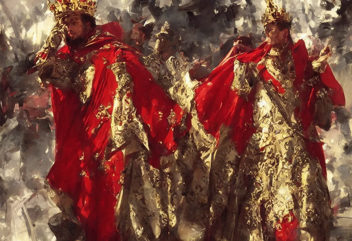 Prompt: oil painting of king, red royal cape, large golden crown, rich jewellery, art by anders zorn, wonderful masterpiece by greg rutkowski, beautiful cinematic light, american romanticism by greg manchess, creation by tyler edlin