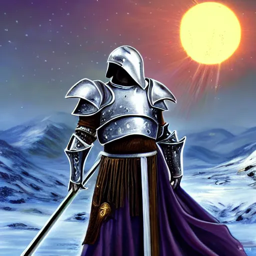 Image similar to paladin wearing silver amour with mirror finish, wielding a longsword that gleams like the sun. he is wearing a teutonic helmet, inside his eyes glow like the sun. background of snowy mountains. fantasy painting.