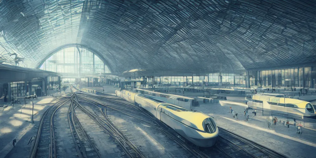 Image similar to photo of epic futuristic train station, 1970's trains, leica, lomo, soft light, morning light, photorealistic, details, octane render, cryengine, 8k, cinematic shot