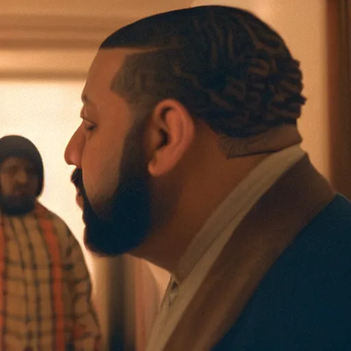 Image similar to a cinematic film still of DJ Khaled starring in The Shining, portrait, 40mm lens, shallow depth of field, close up, split lighting, cinematic