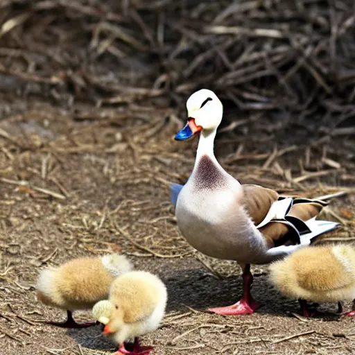 Image similar to a bald headed duck, with chicks, photo