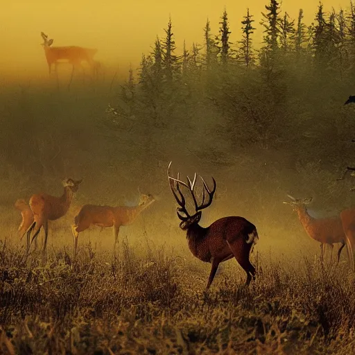 Prompt: deers hunting a hunter, realistic hektachrome, national geographic,