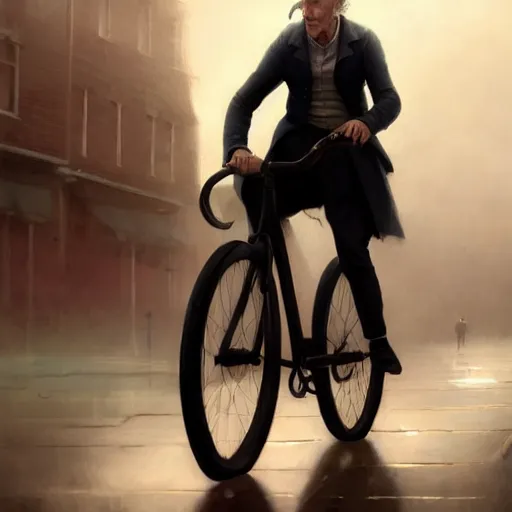 Prompt: cinematic shot epic portrait peter capaldi riding a bicycle in the streets, atmospheric, cloudy, broad light, ambient occlusion, volumetric light effect, made by ivan aivazovsky, peter mohrbacher, greg rutkowski, ross tran, matte painting, trending on artstation, 4 k, perfectly defined features, digital painting, cinematic, epic, highly detailed,