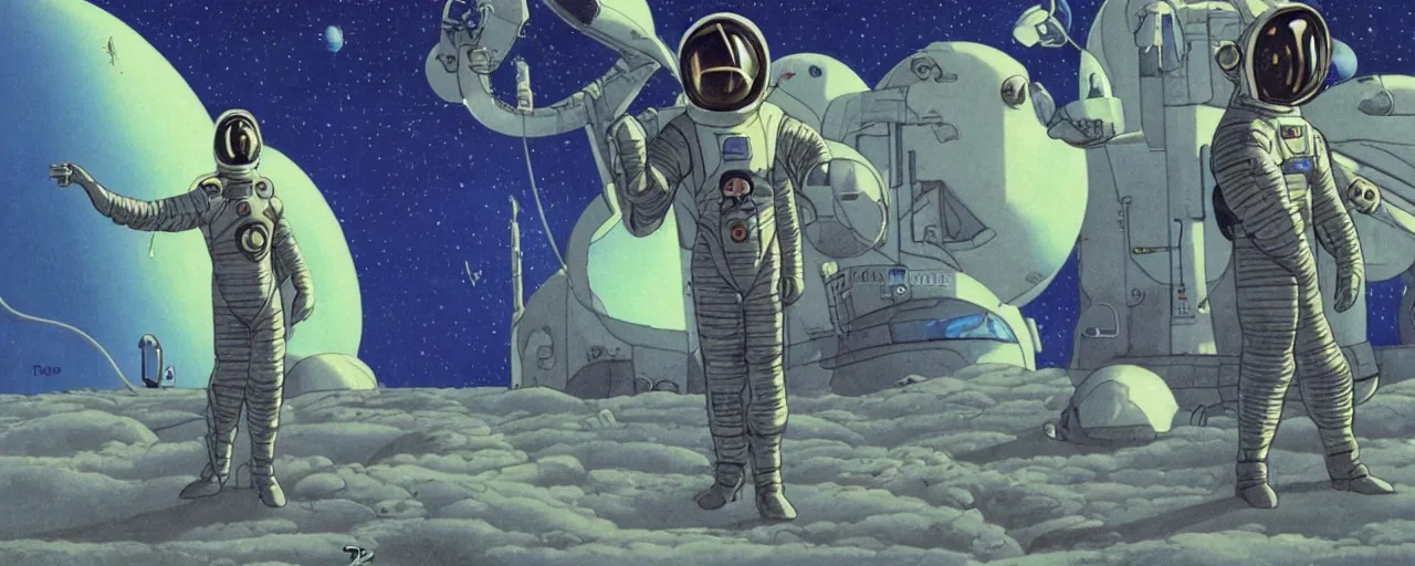 Image similar to a portrait of pilot in spacesuit on field spaceship station landing laying lake artillery outer worlds in FANTASTIC PLANET La planète sauvage animation by René Laloux