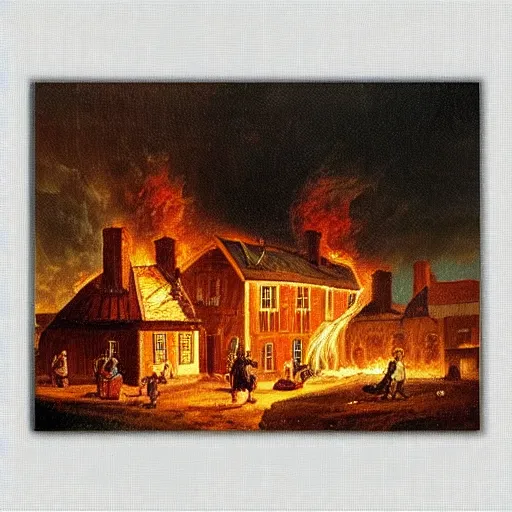 Prompt: a 1700s town on fire oil painting